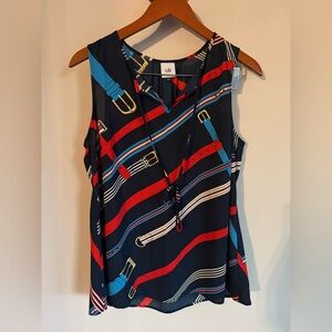 CAbi Women's Sleeveless Top‎ - Navy with Red and Blue Belt Print